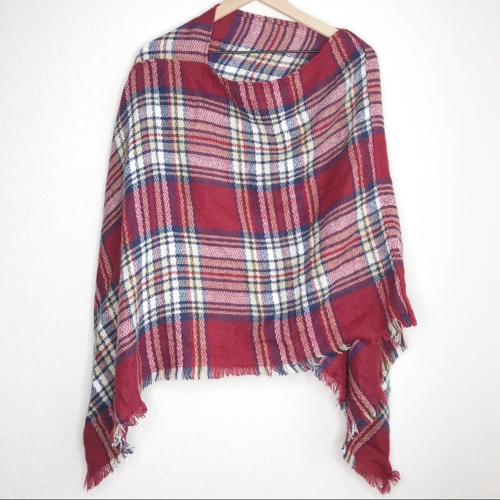Red/White/Blue/Beige Plaid Poncho, One Size
